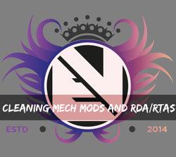 evolution vaping uk crest logo on a grey backgrounds with writing cleaning mech mods and rda/rtas blog header image