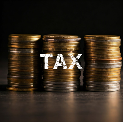 Stacks of gold coins with a Tax stamp applied over the top