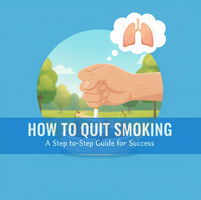Illustration showing a hand crushing a cigarette into an ashtray with a thought bubble of healthy lungs, titled How to Quit Smoking.