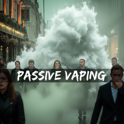 A cinematic, horror-style image of a busy London high street where a massive, towering cloud of thick, greenish-white vapour is surging through the air at head height. Pedestrians in the foreground are captured in a state of panic