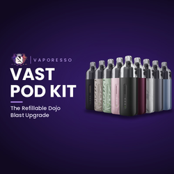 Vaporesso Vast Pod Kit in nine colours, the refillable upgrade to the Dojo Blast, shown beside the article title
