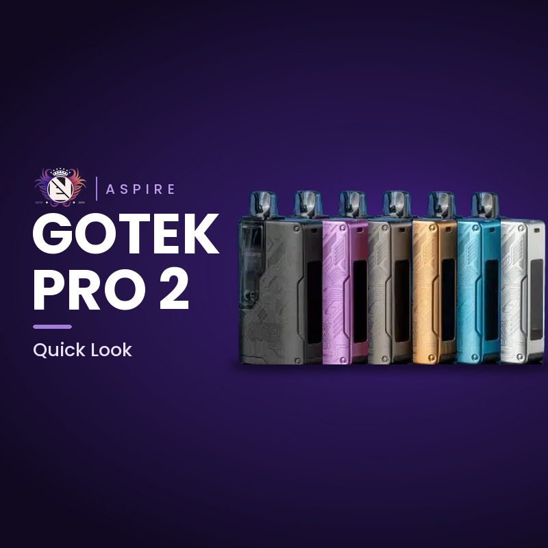 Aspire GoTek Pro 2 pod kit in six colours, lined up beside the Quick Look title and the Evolution Vaping logo