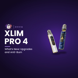OXVA Xlim Pro 4 pod kit in white and blue, featured in a guide to its upgrades and anti-burn tech, with the Evolution Vaping logo