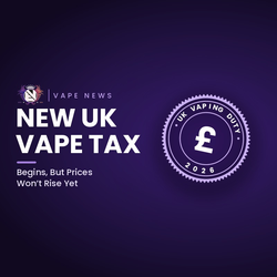UK vaping duty stamp with a pound sign, beside the headline New UK Vape Tax Begins, But Prices Won’t Rise Yet, with the Evolution Vaping logo