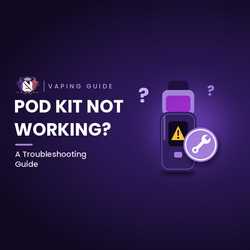 Pod kit with a warning symbol on its screen and a wrench badge, beside the title Why Isn’t My Pod Kit Working? A Troubleshooting Guide
