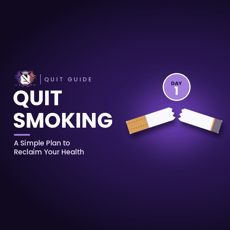 Cigarette snapped in half under a Day 1 badge, for a guide on how to quit smoking, with the Evolution Vaping logo