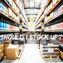 Photorealistic warehouse packed with thousands of 10ml vape juice bottles, pallets overflowing with e-liquid stock, professional ecommerce warehouse, bright lighting, clean aisles, dramatic wide-angle shot, concept of 
