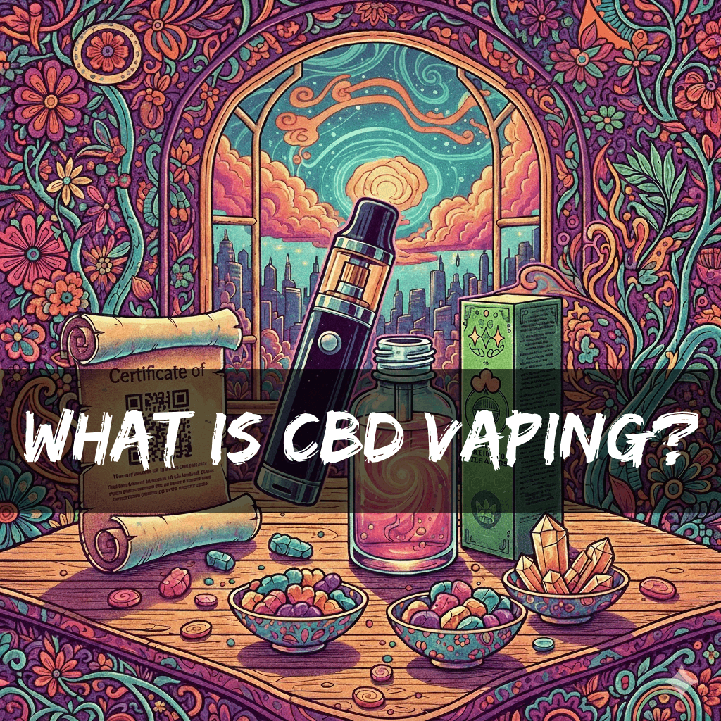 A psychedelic, 1960s-inspired vibrant illustration featuring a black vape pen, a bottle of swirling pink CBD e-liquid. COve rimage for a guide on what is cbd vaping?